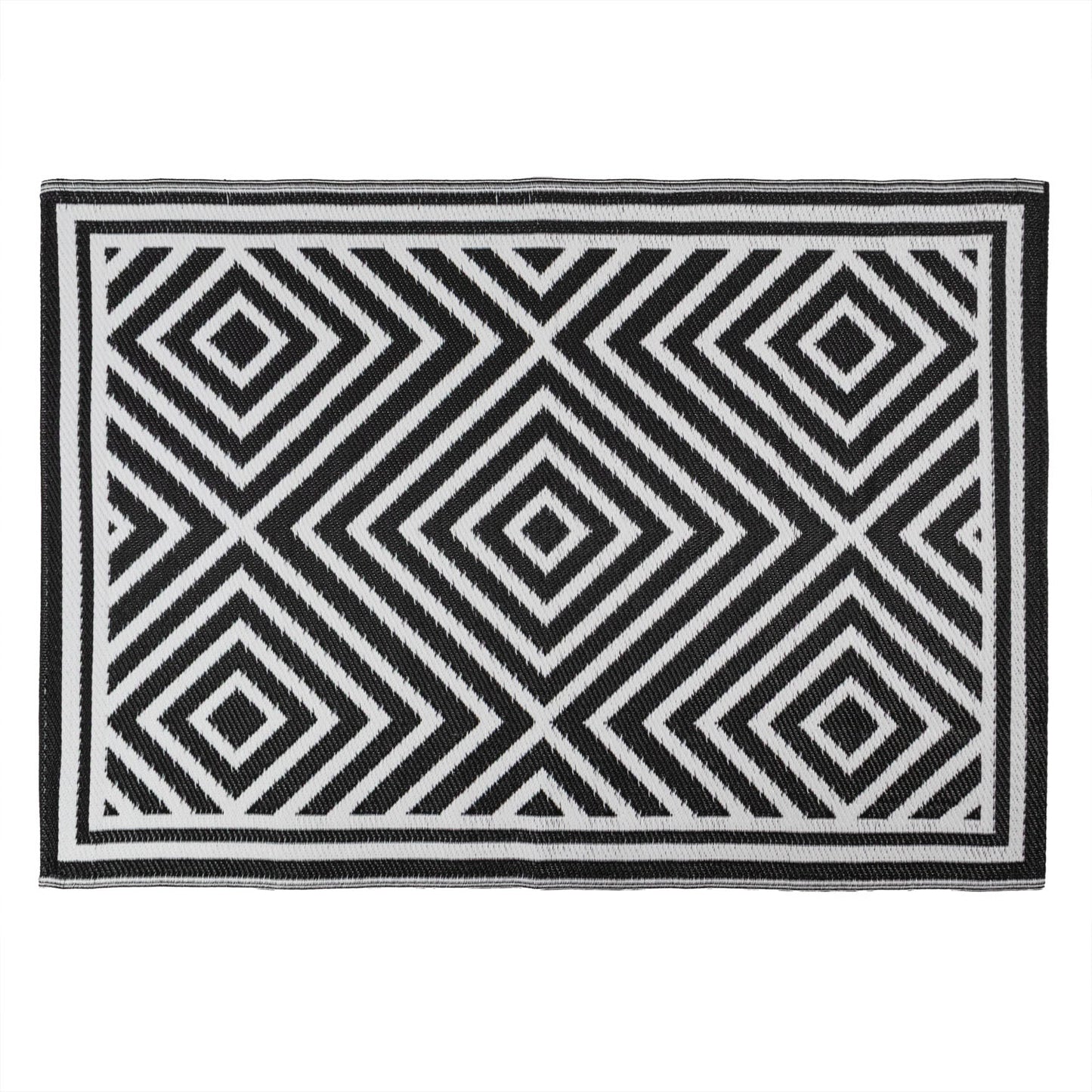 Lightweight Reversible Black White Tiles Pattern Outdoor Rug