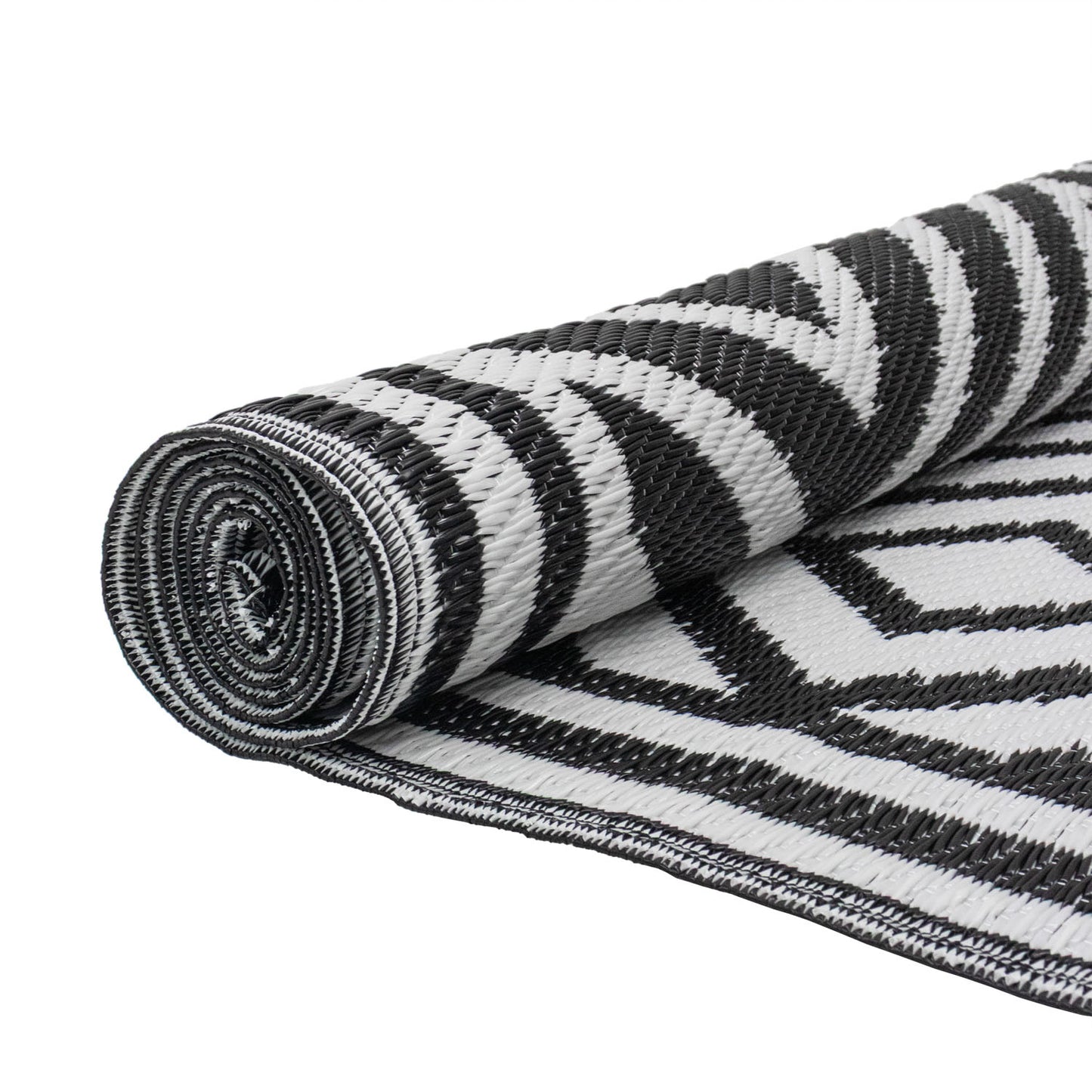 Lightweight Reversible Black White Tiles Pattern Outdoor Rug