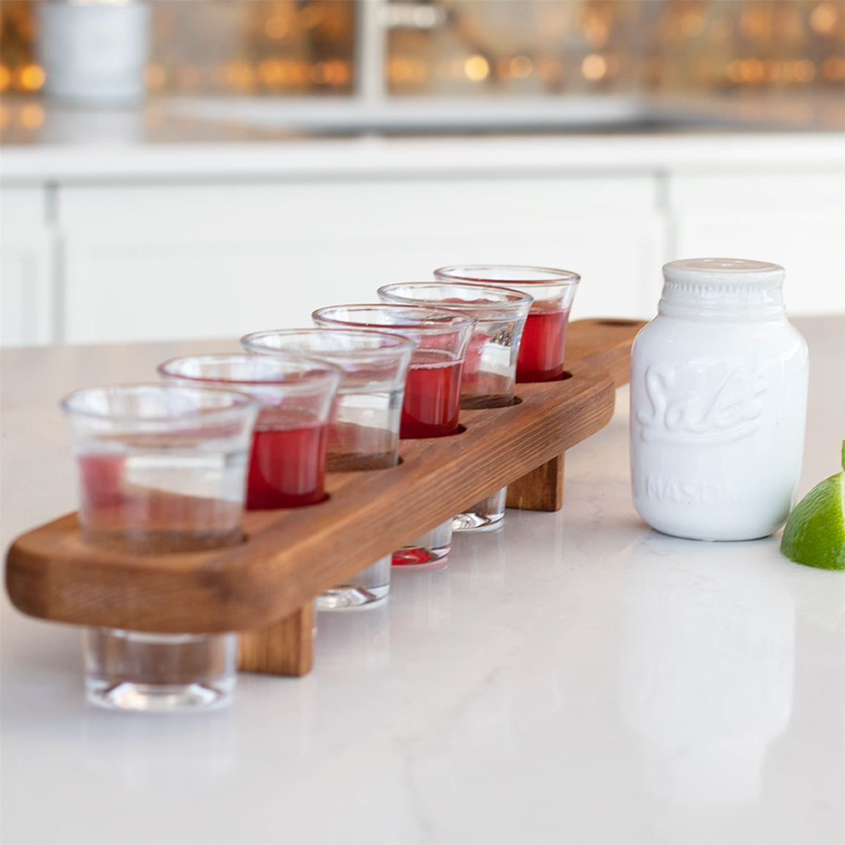 Wooden Drinks Paddle with 6 Shot Glasses