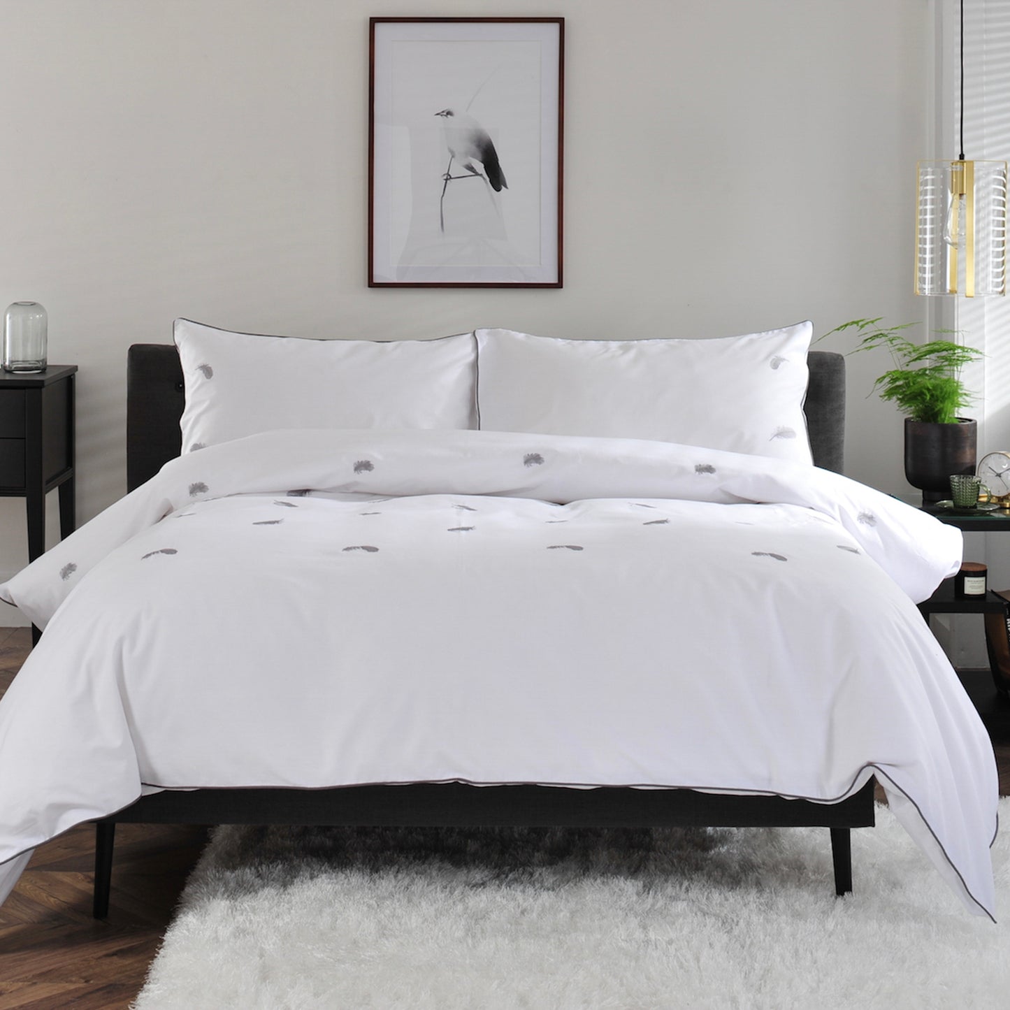 The Lyndon Company White Embroidered Grey Feathers Cotton Duvet Set