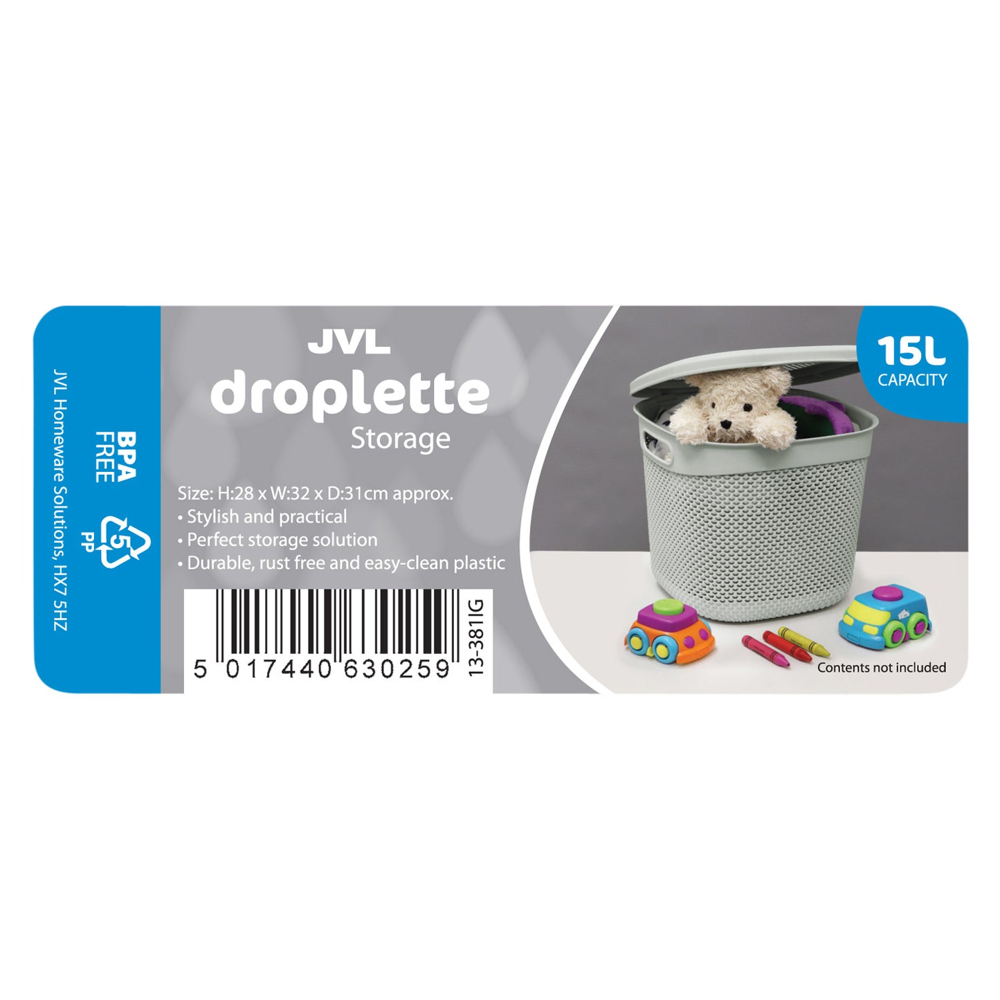 Droplette Ice Grey 15L Storage Basket with Lid