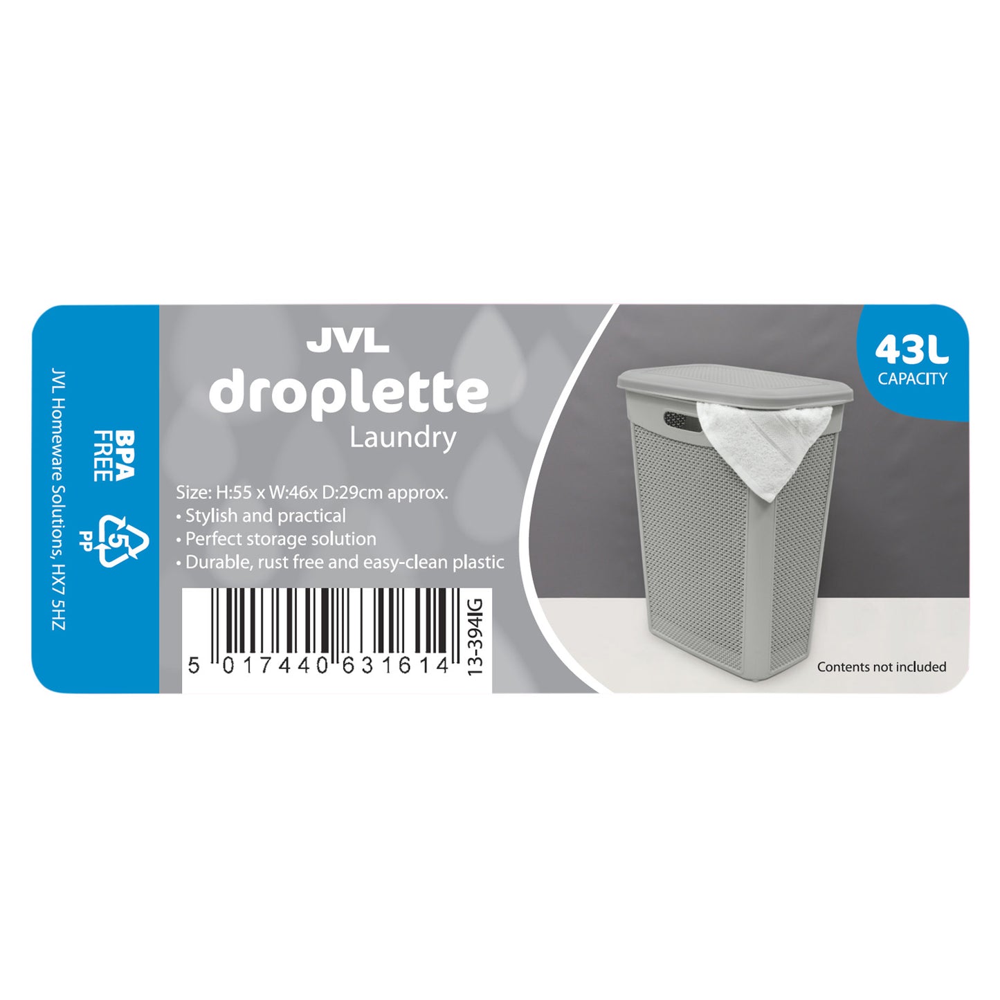 Droplette Ice Grey 43L Slim Laundry Basket