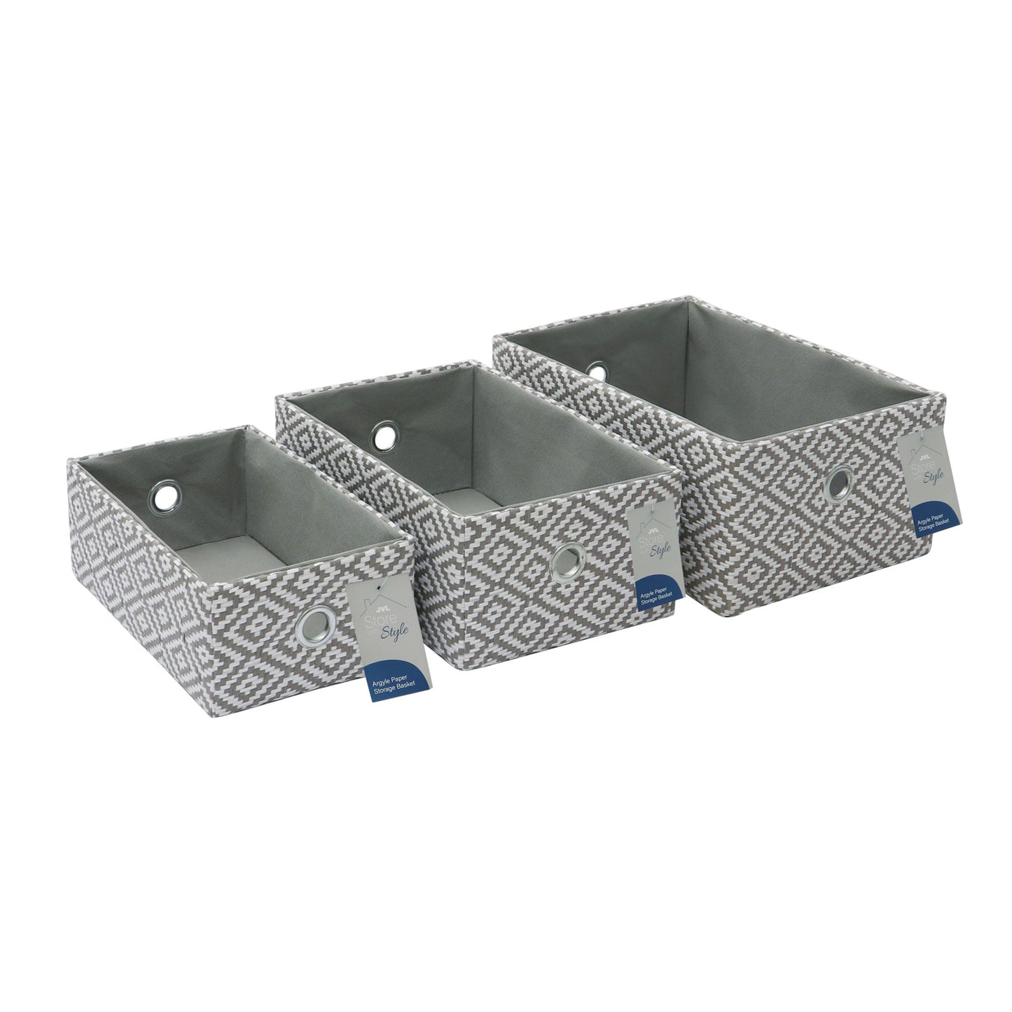 Argyle Set of 3 Rectangular Paper Storage Baskets