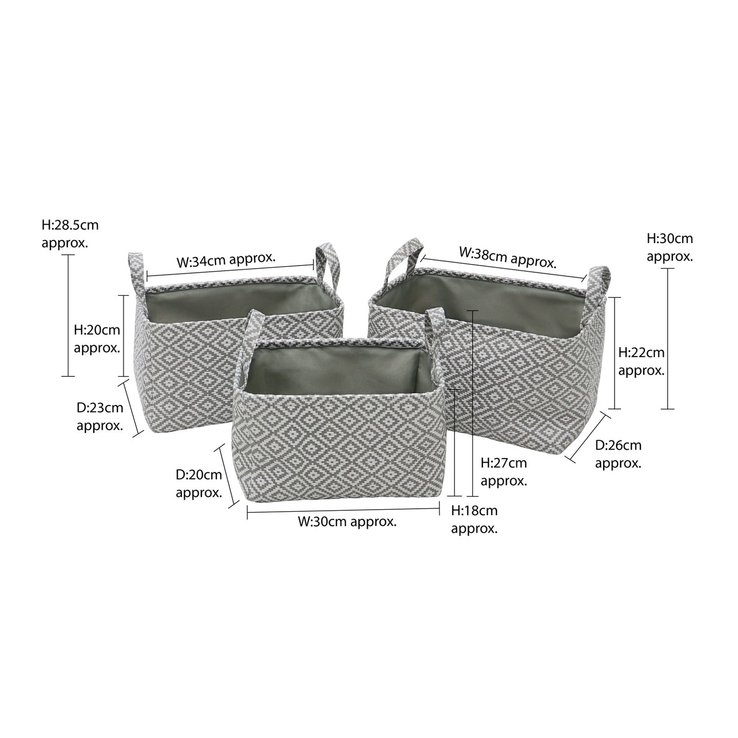 Argyle Set of 3 Rectangular Paper Storage Baskets With Handles