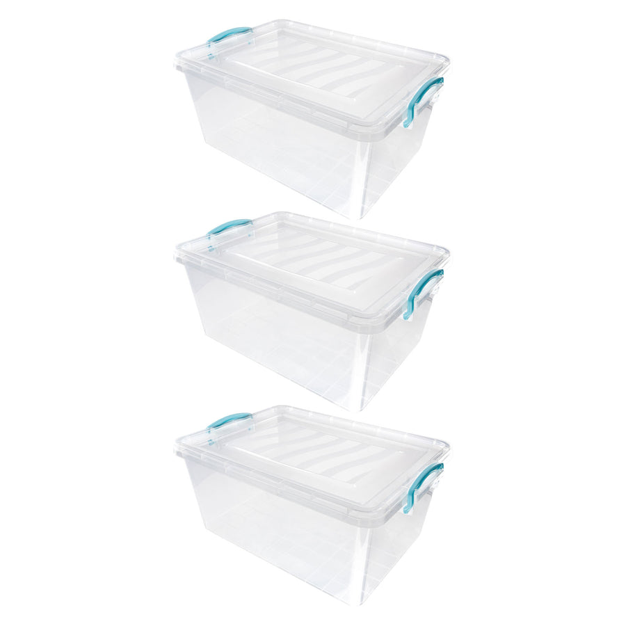 Plastic Clip Lidded 25L Storage Box Clear (Set of 3)