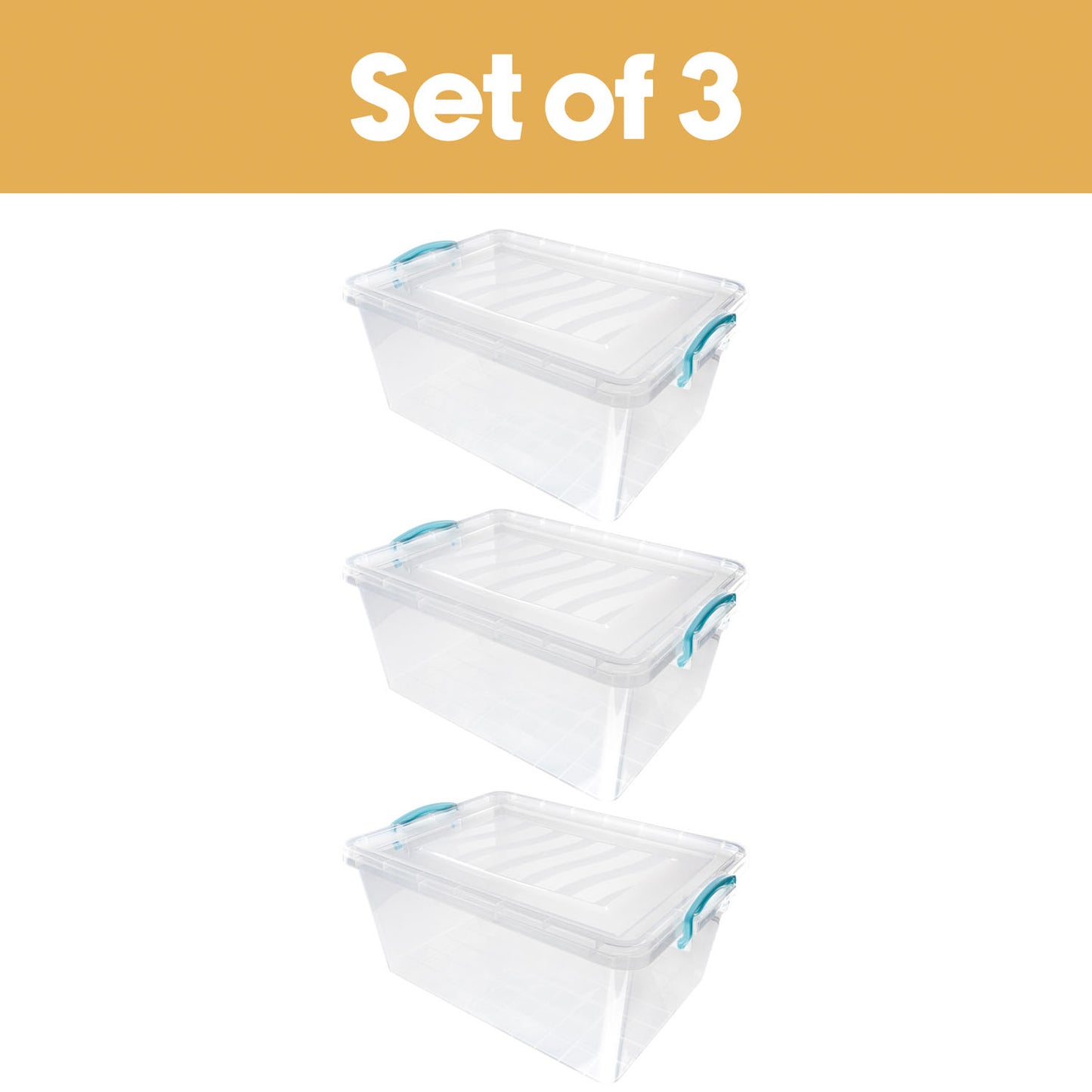 Plastic Clip Lidded 25L Storage Box Clear (Set of 3)