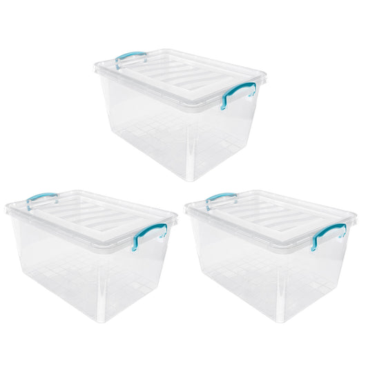 Plastic Clip Lidded 30L Storage Box Clear Set of 3