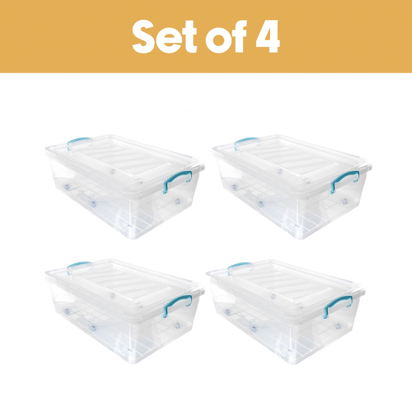 Plastic Clip Lidded 30L Underbed Storage Box Clear (Set of 4)