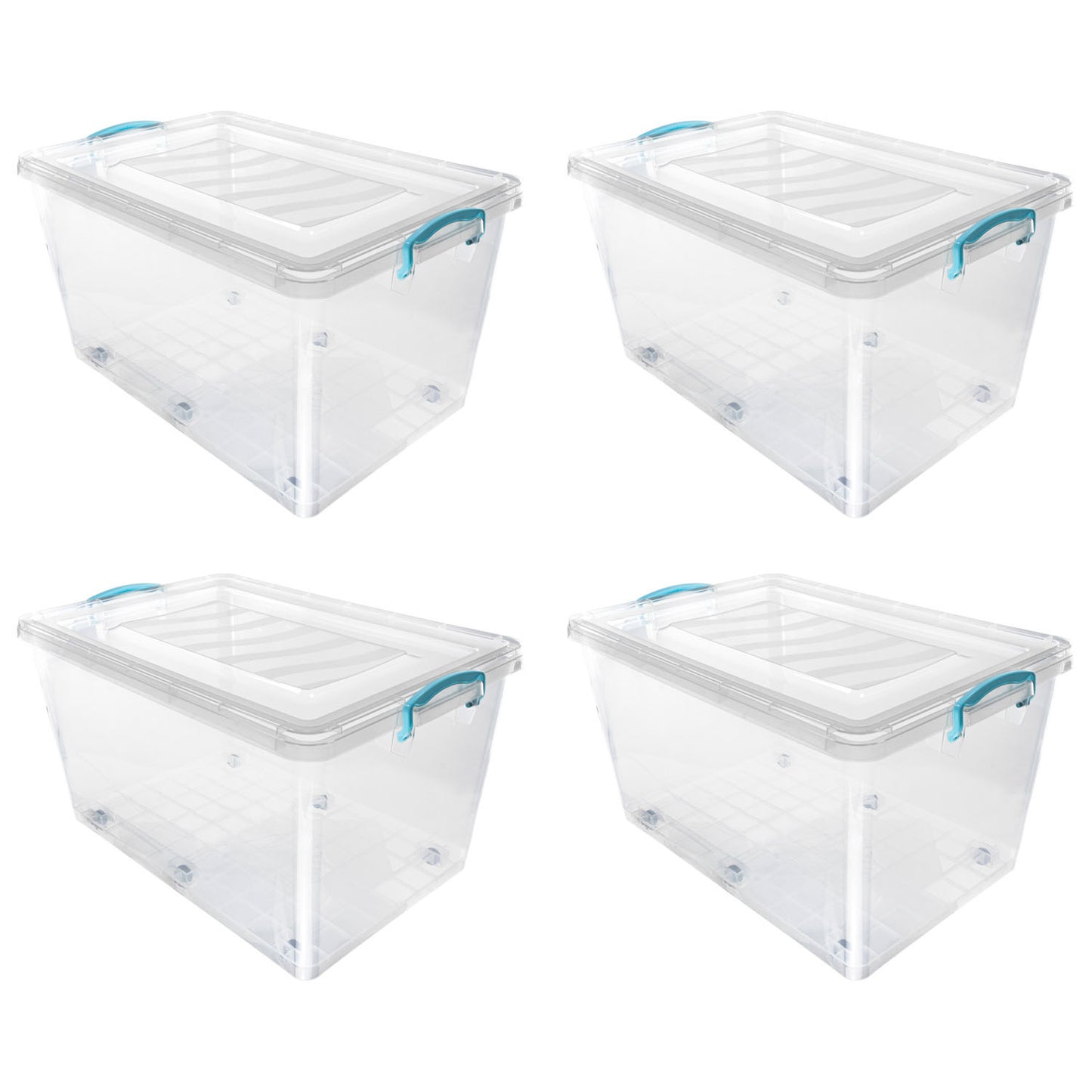 Plastic Clip Lidded 50L Storage Box with Wheels Clear (Set of 4)