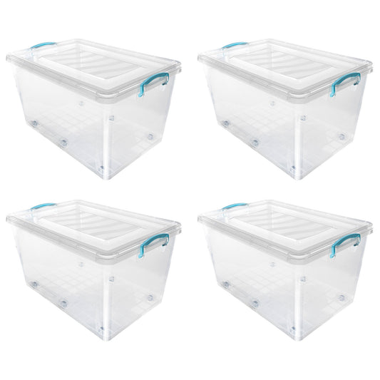 Plastic Clip Lidded 50L Storage Box with Wheels Clear (Set of 4)