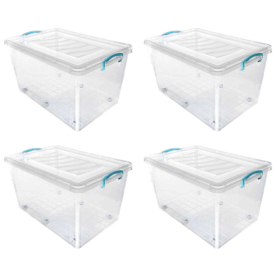 Plastic Clip Lidded 50L Storage Box with Wheels Clear (Set of 4)
