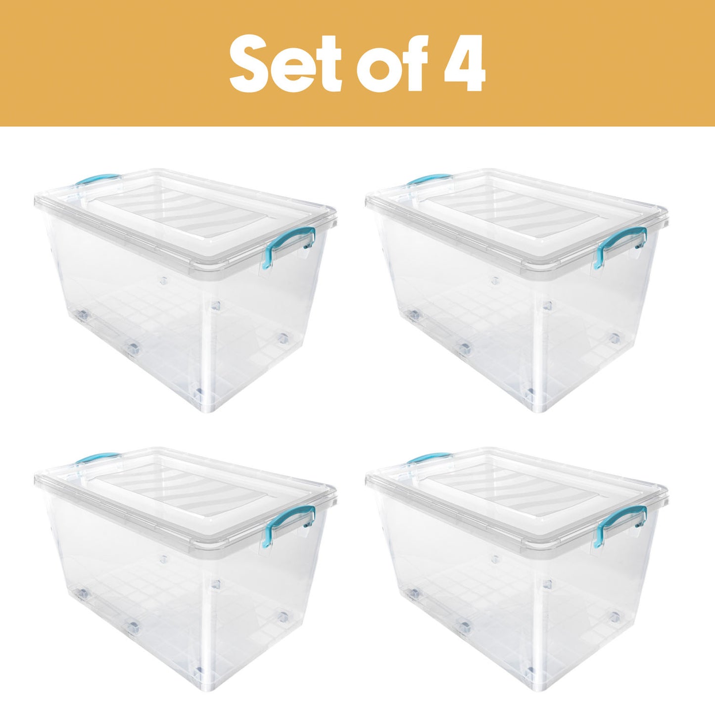Plastic Clip Lidded 50L Storage Box with Wheels Clear (Set of 4)