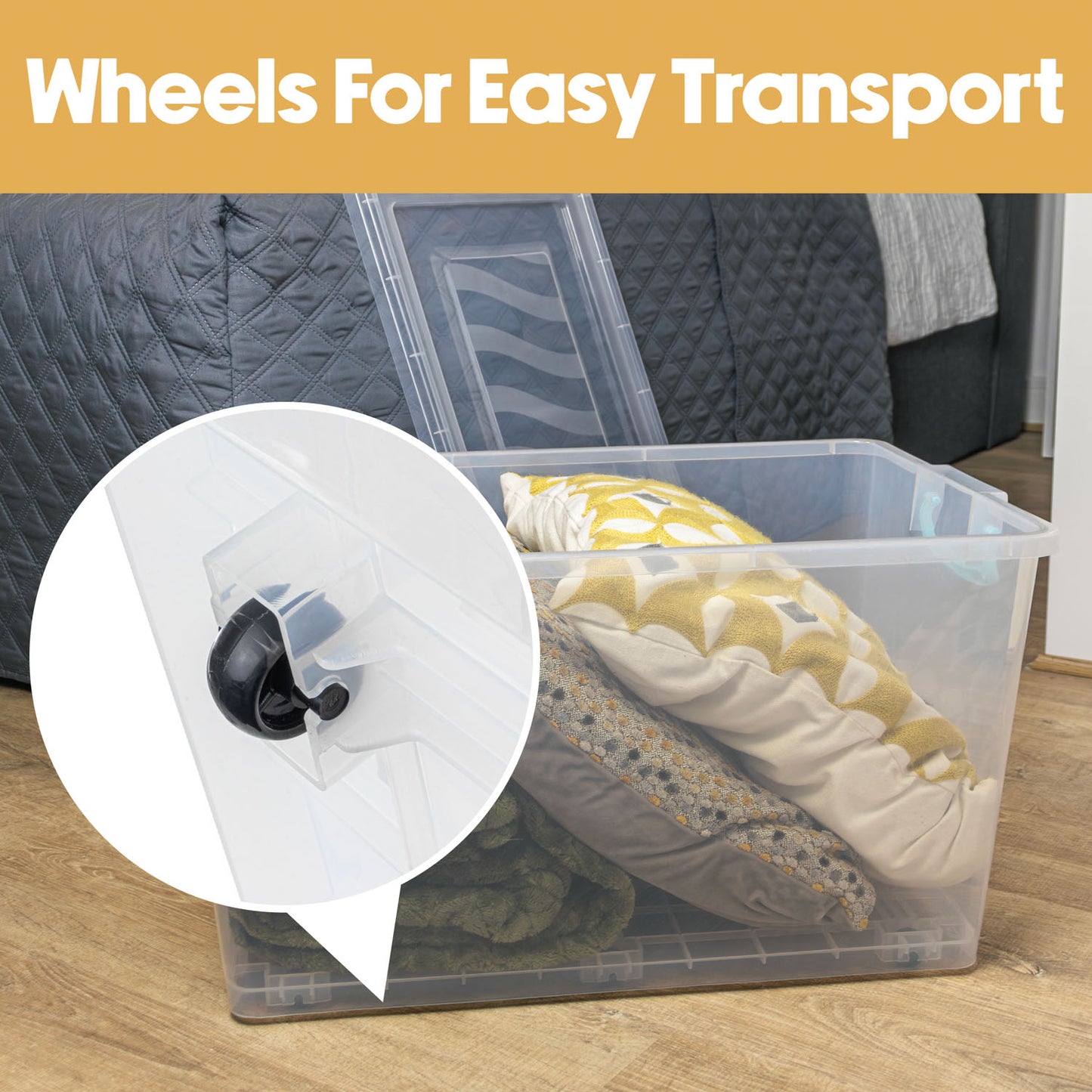 Plastic Clip Lidded 50L Storage Box with Wheels Clear (Set of 4)