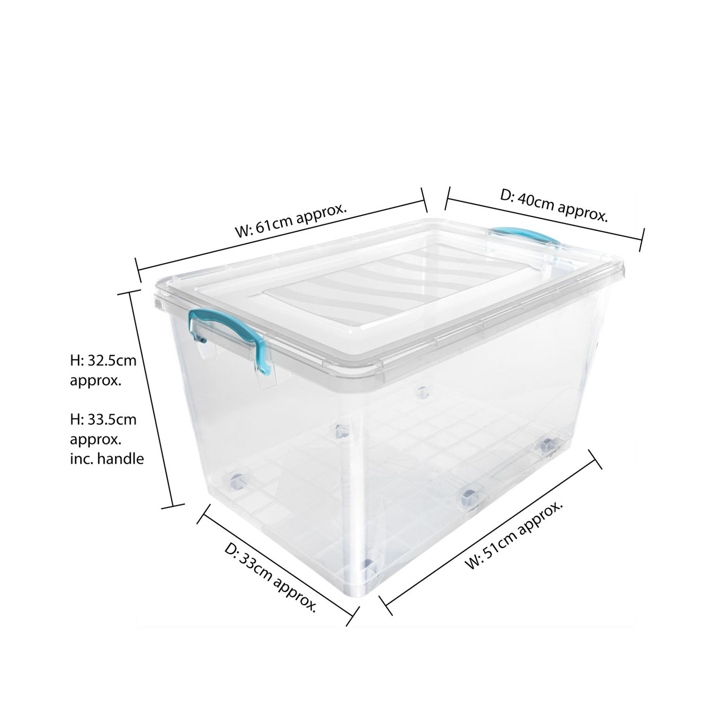 Plastic Clip Lidded 50L Storage Box with Wheels Clear (Set of 4)