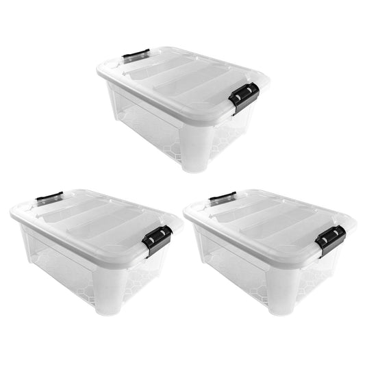 Plastic Secure Clip Lidded 25L Storage Box Clear (Set of 3)