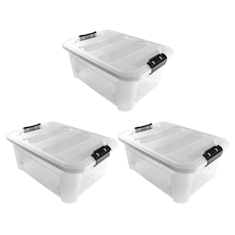 Plastic Secure Clip Lidded 25L Storage Box Clear (Set of 3)