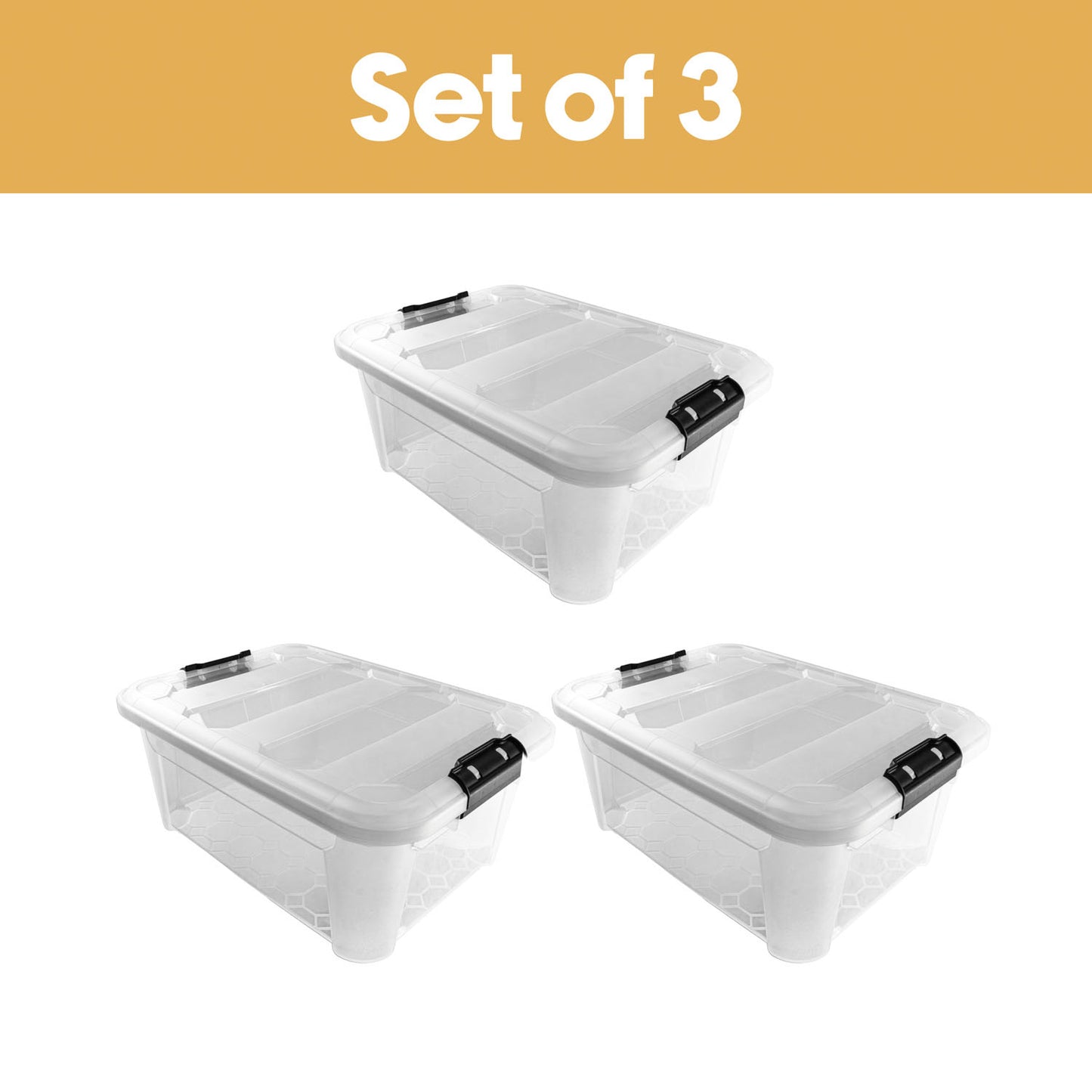Plastic Secure Clip Lidded 25L Storage Box Clear (Set of 3)