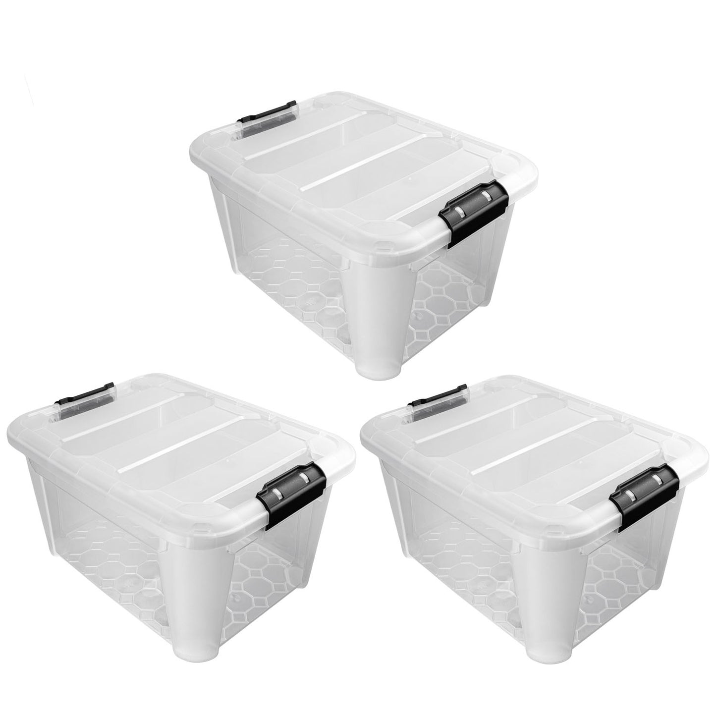 Plastic Secure Clip Lidded 30L Storage Box Clear (Set of 3)