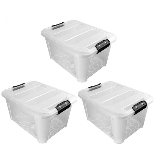 Plastic Secure Clip Lidded 30L Storage Box Clear (Set of 3)
