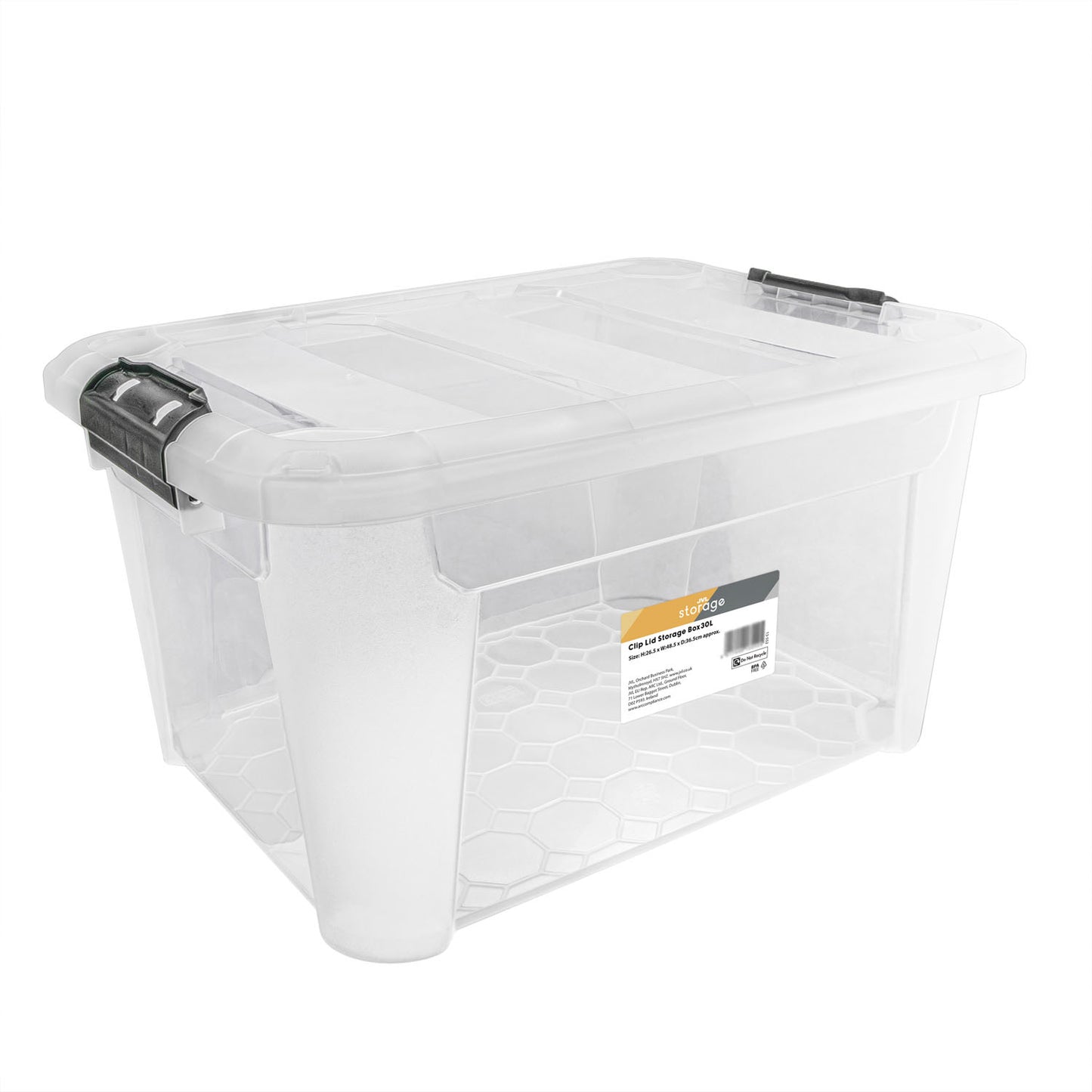 Plastic Secure Clip Lidded 30L Storage Box Clear (Set of 3)
