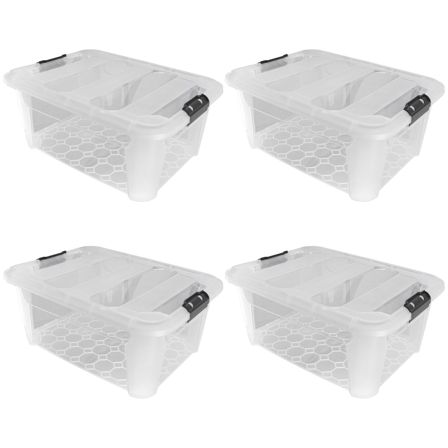 Plastic Secure Clip Lidded 40L Storage Box Clear (Set of 4)