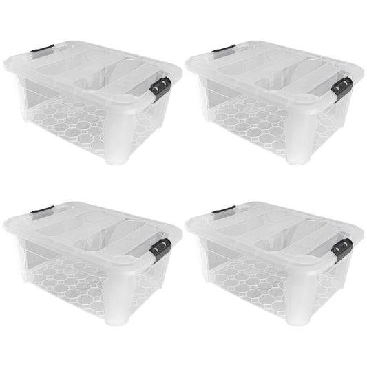 Plastic Secure Clip Lidded 40L Storage Box Clear (Set of 4)