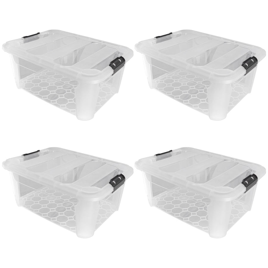 Plastic Secure Clip Lidded 40L Storage Box Clear (Set of 4)