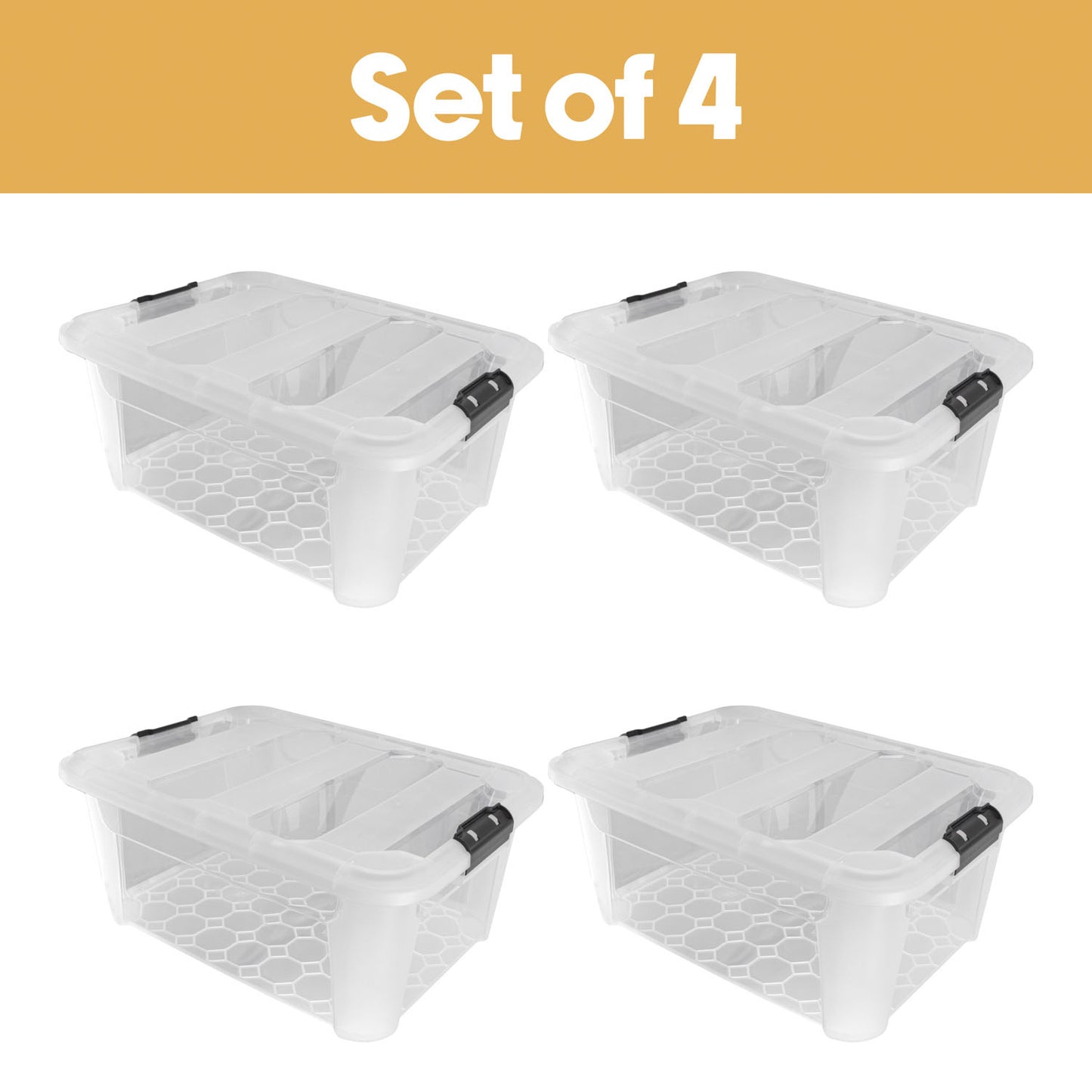 Plastic Secure Clip Lidded 40L Storage Box Clear (Set of 4)