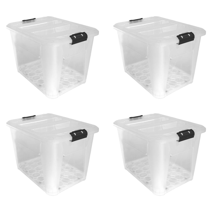 Plastic Secure Clip Lidded 60L Storage Box with Wheels Clear (Set of 4)