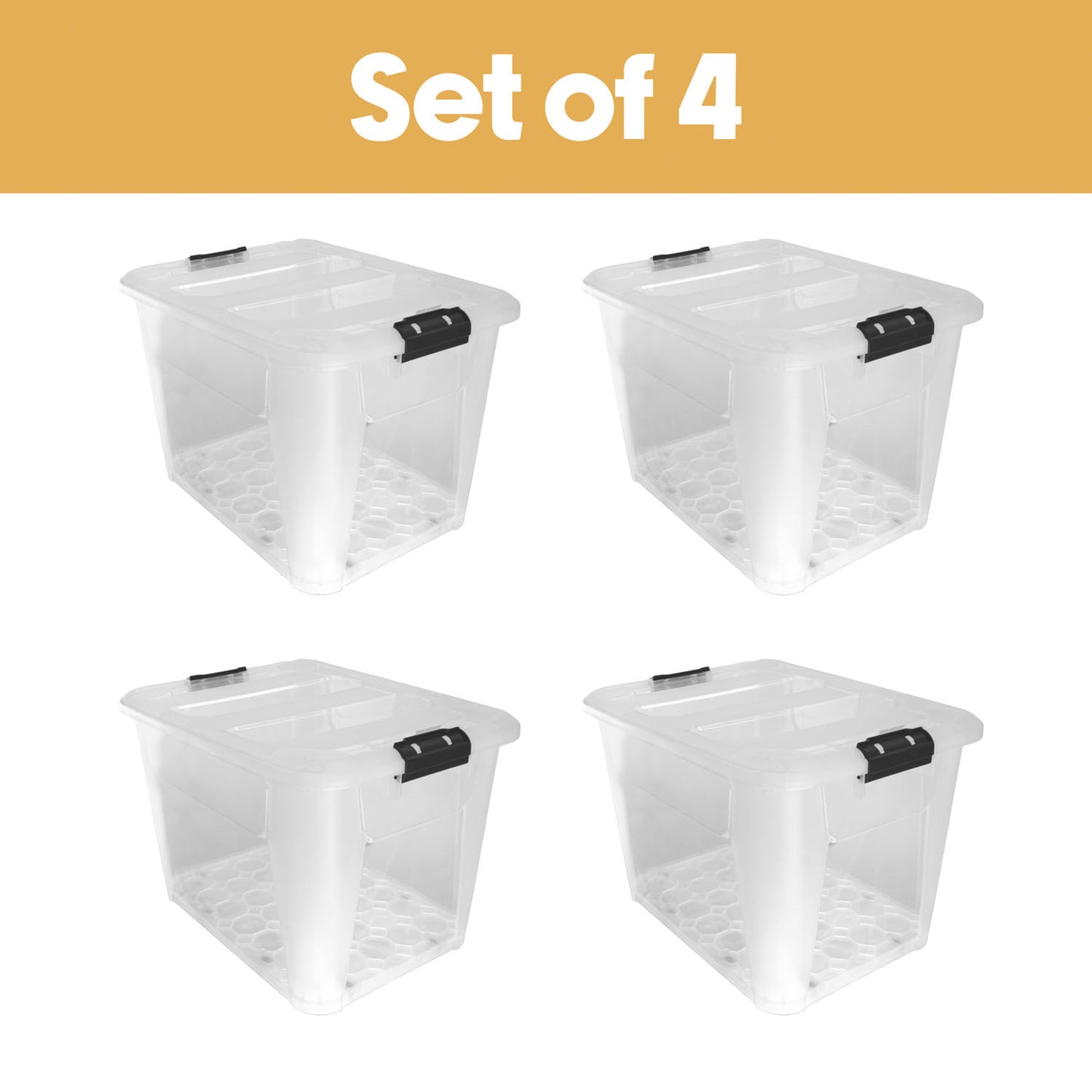 Plastic Secure Clip Lidded 60L Storage Box with Wheels Clear (Set of 4)