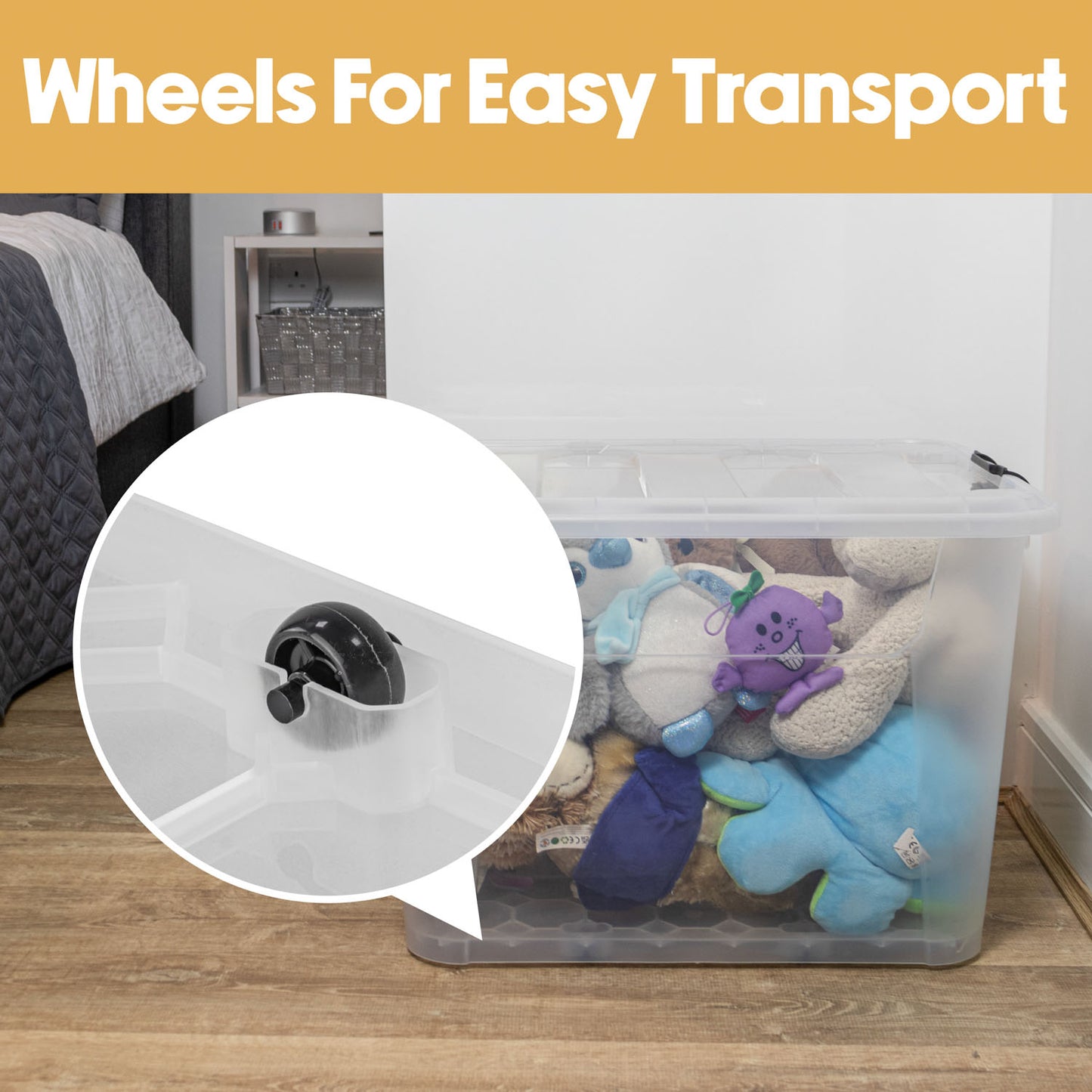 Plastic Secure Clip Lidded 60L Storage Box with Wheels Clear (Set of 4)