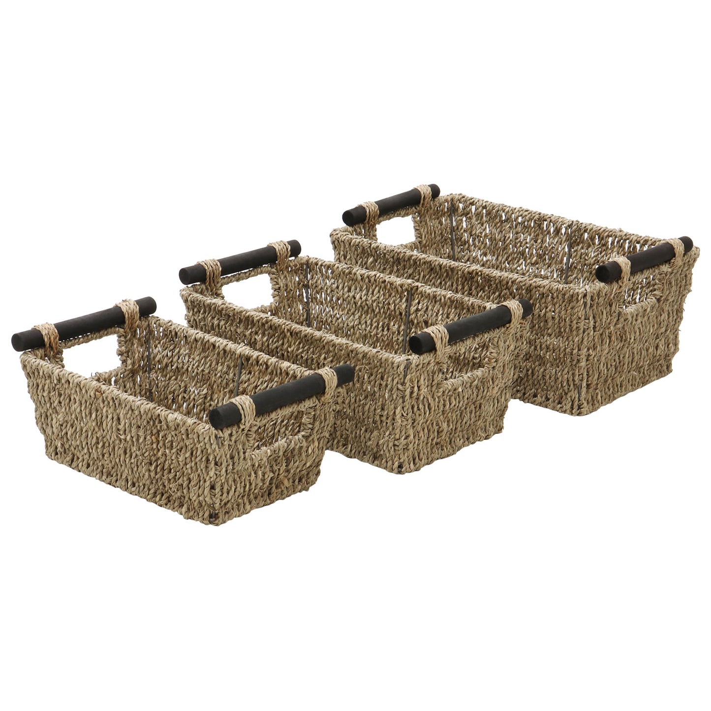 Seagrass Set Of 3 Rectangular Storage Baskets (Wood Handles)