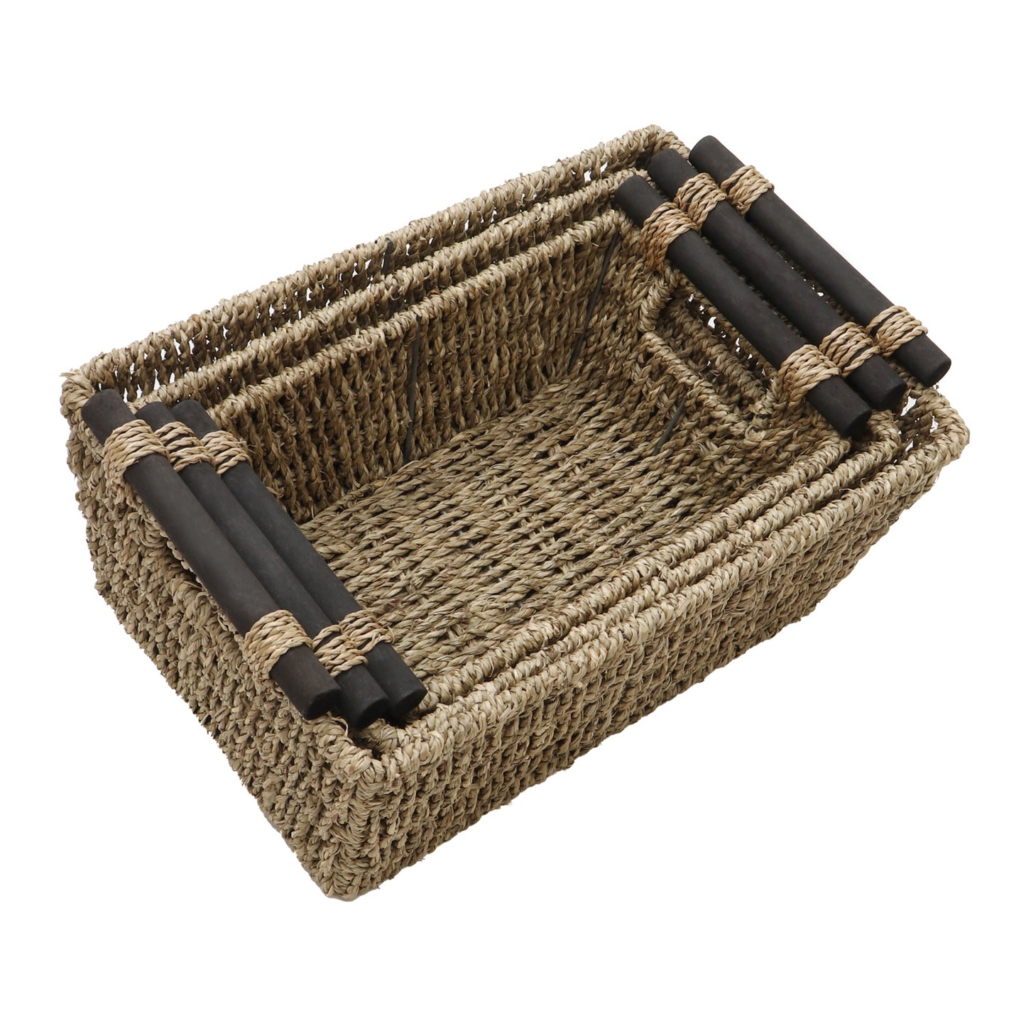 Seagrass Set Of 3 Rectangular Storage Baskets (Wood Handles)