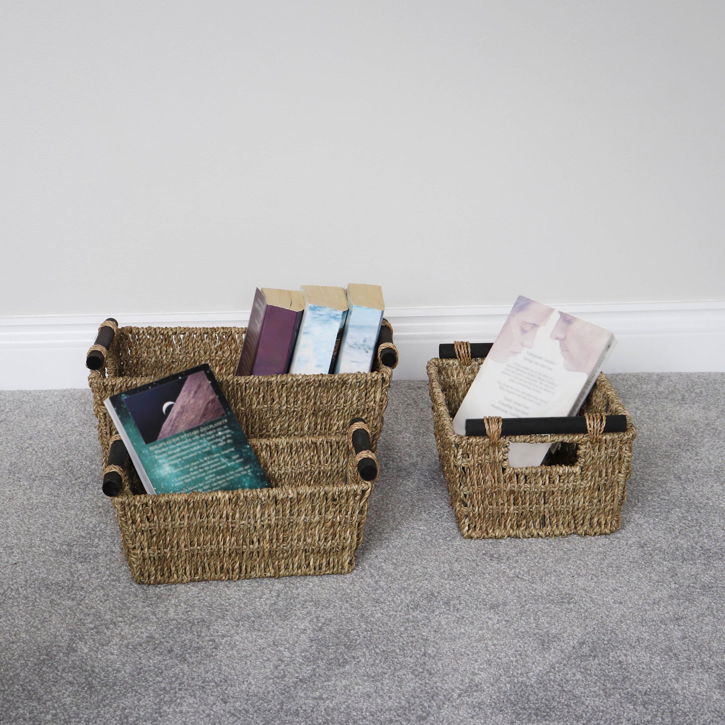 Seagrass Set Of 3 Rectangular Storage Baskets (Wood Handles)