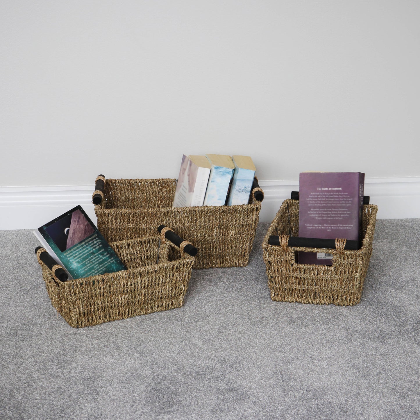 Seagrass Set Of 3 Rectangular Storage Baskets (Wood Handles)