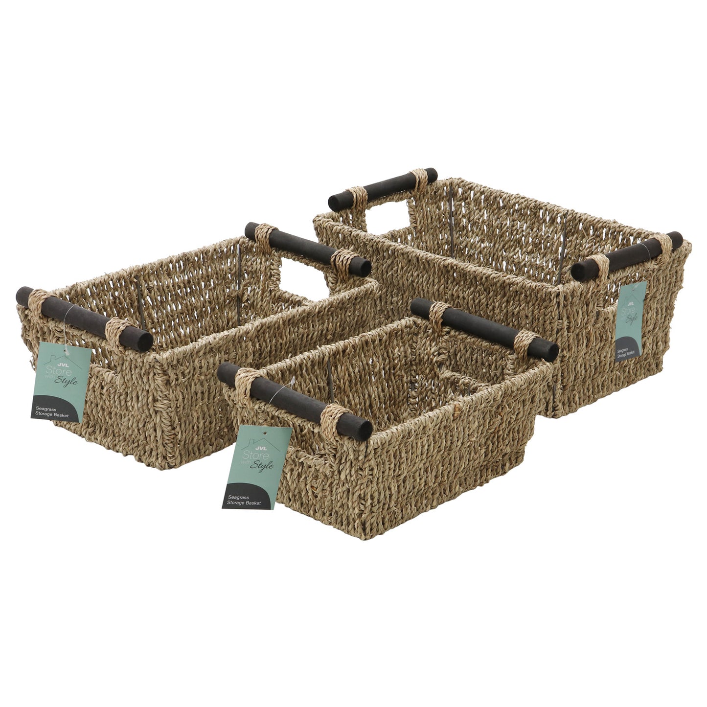 Seagrass Set Of 3 Rectangular Storage Baskets (Wood Handles)