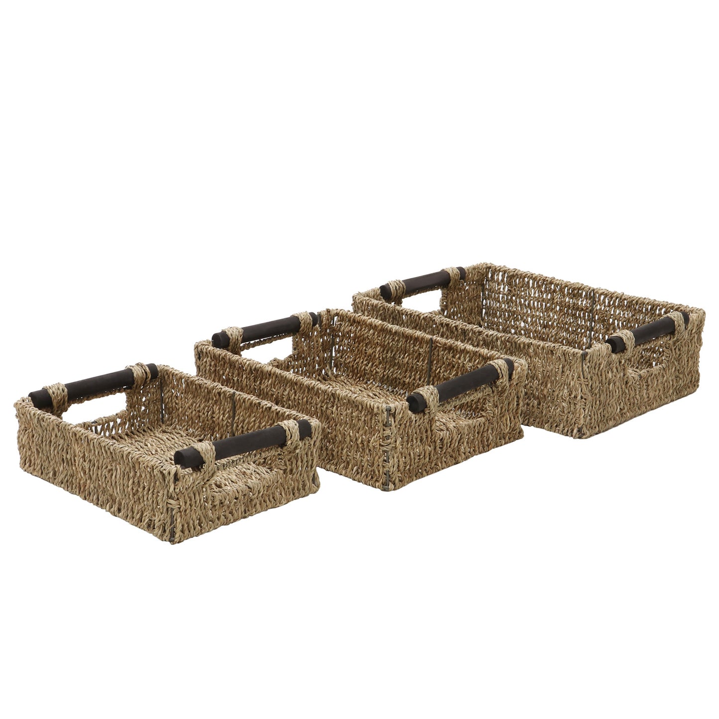 Seagrass Set Of 3 Small Rectangular Storage Baskets (Wood Handles)