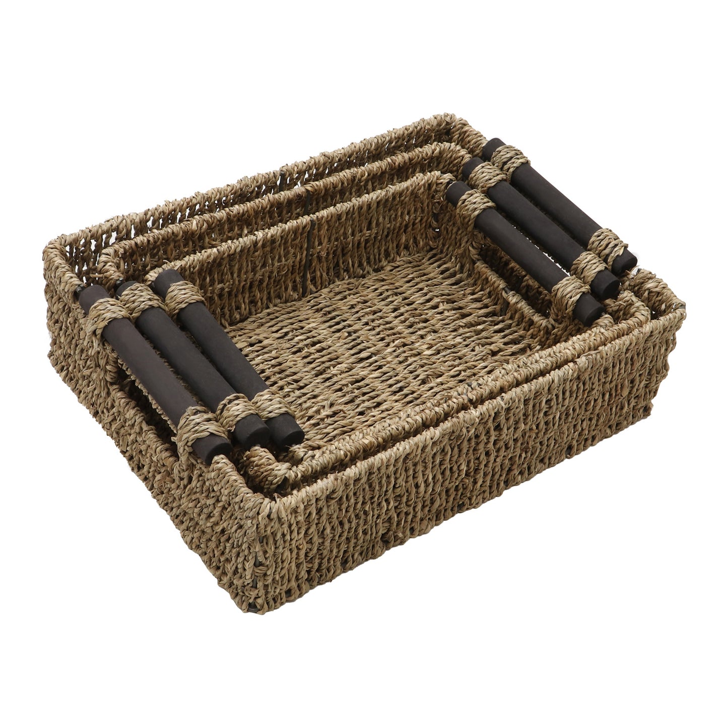 Seagrass Set Of 3 Small Rectangular Storage Baskets (Wood Handles)