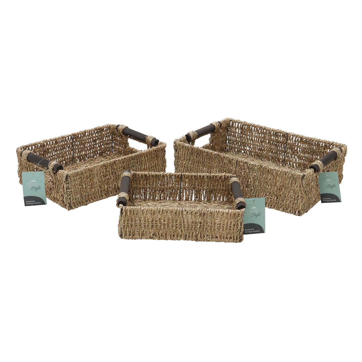 Seagrass Set Of 3 Small Rectangular Storage Baskets (Wood Handles)