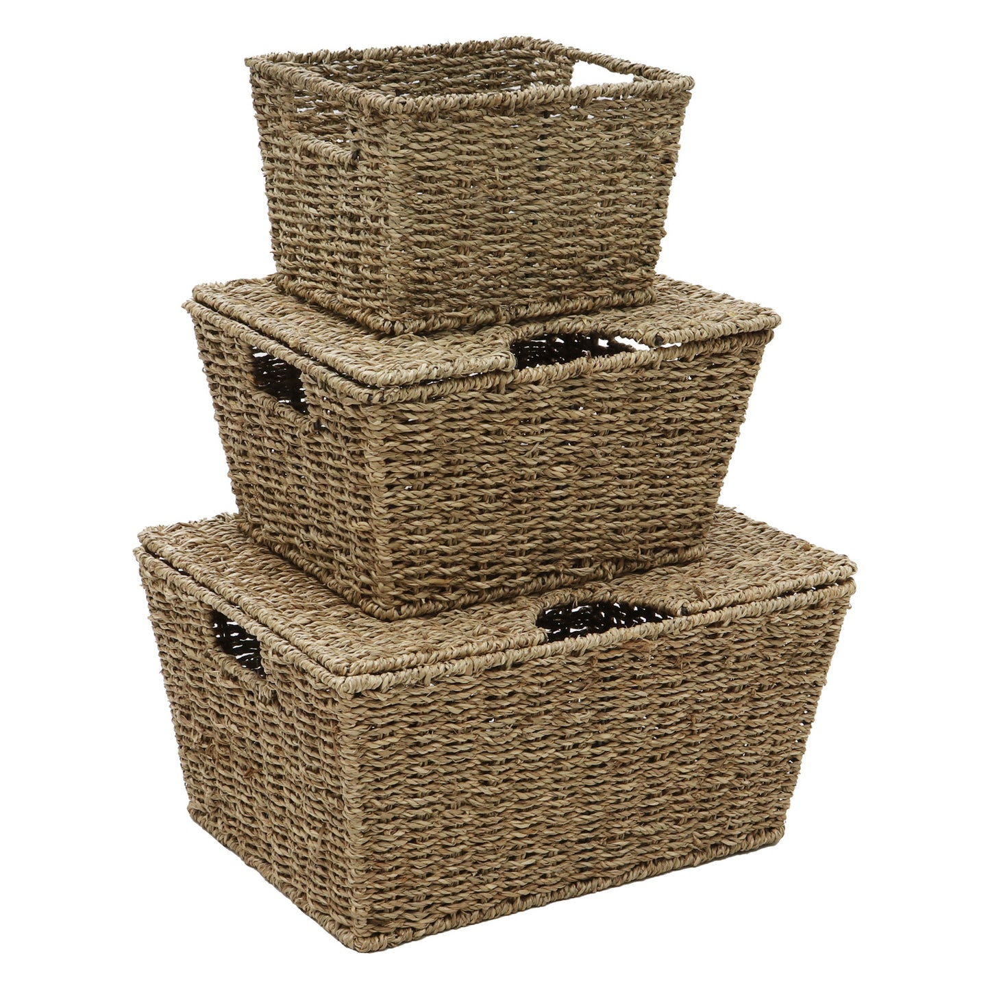 Seagrass Set Of 3 Rectangular Storage Baskets (2 With Lids)