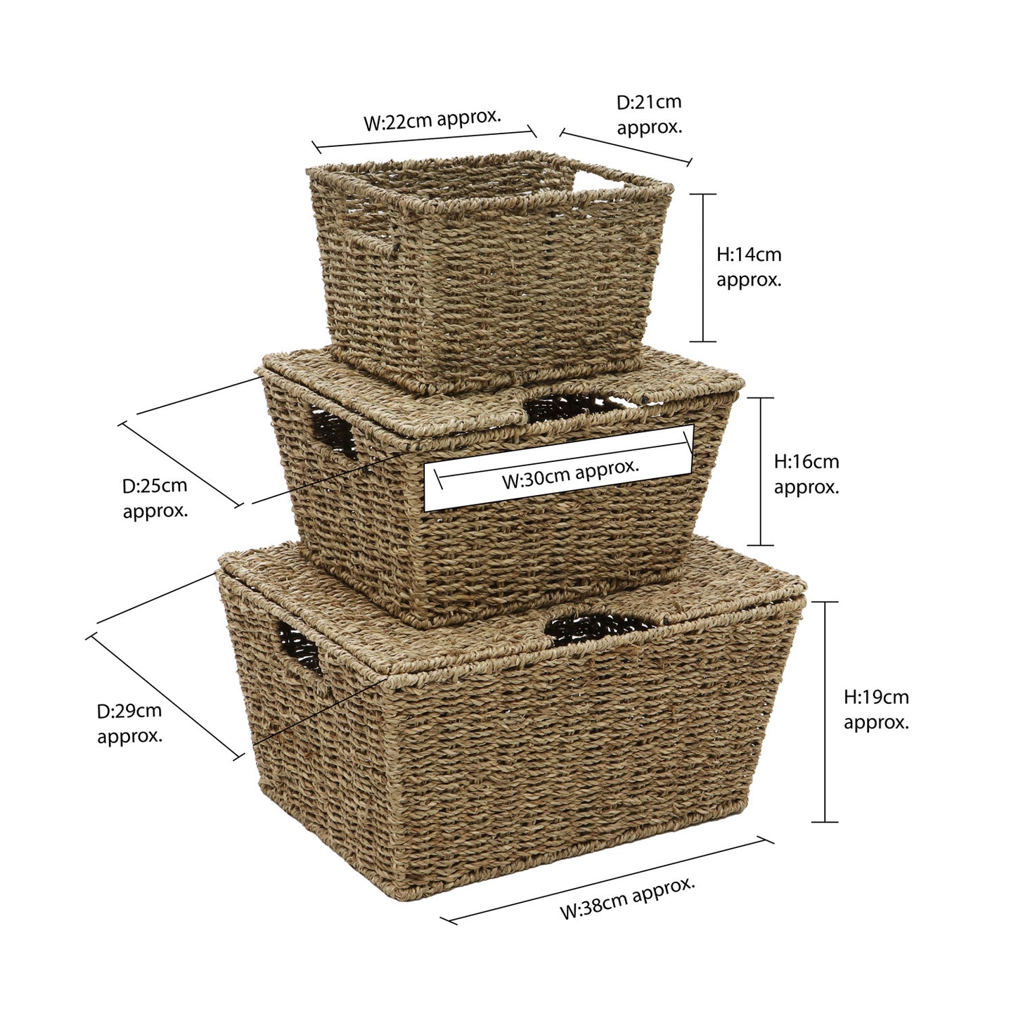 Seagrass Set Of 3 Rectangular Storage Baskets (2 With Lids)