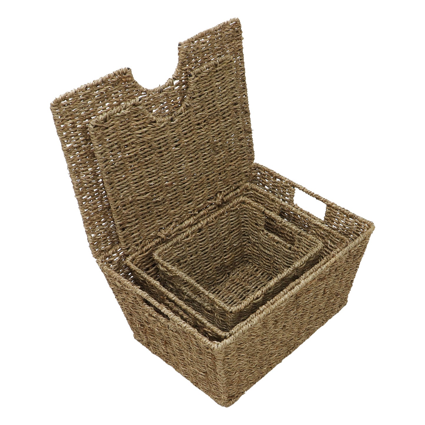 Seagrass Set Of 3 Rectangular Storage Baskets (2 With Lids)