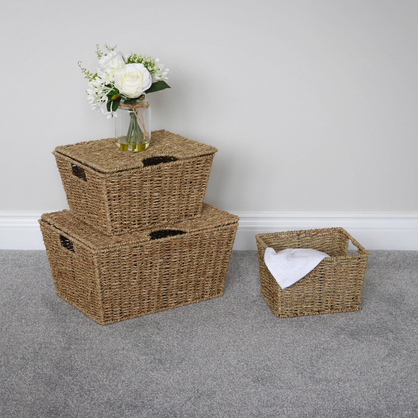 Seagrass Set Of 3 Rectangular Storage Baskets (2 With Lids)