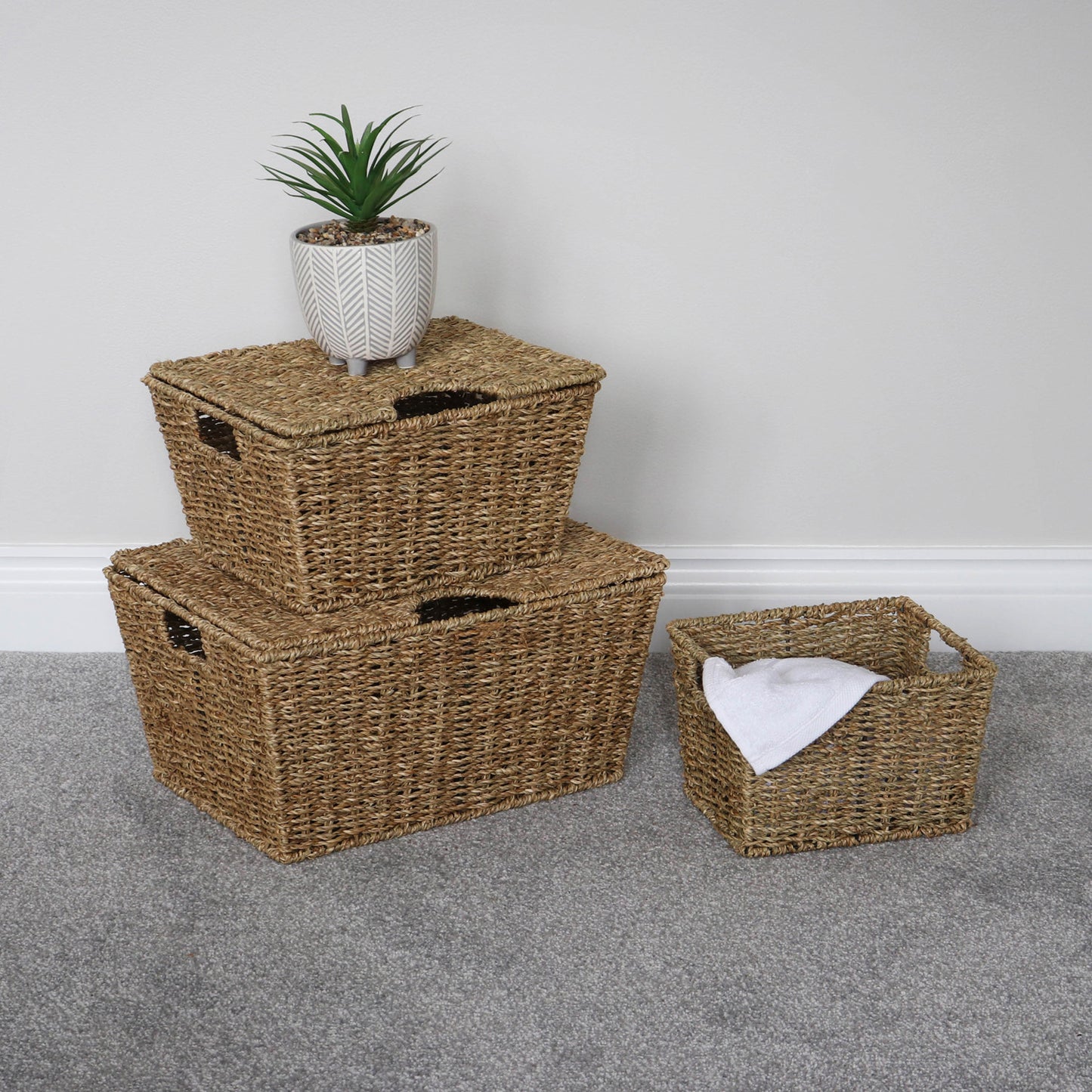 Seagrass Set Of 3 Rectangular Storage Baskets (2 With Lids)