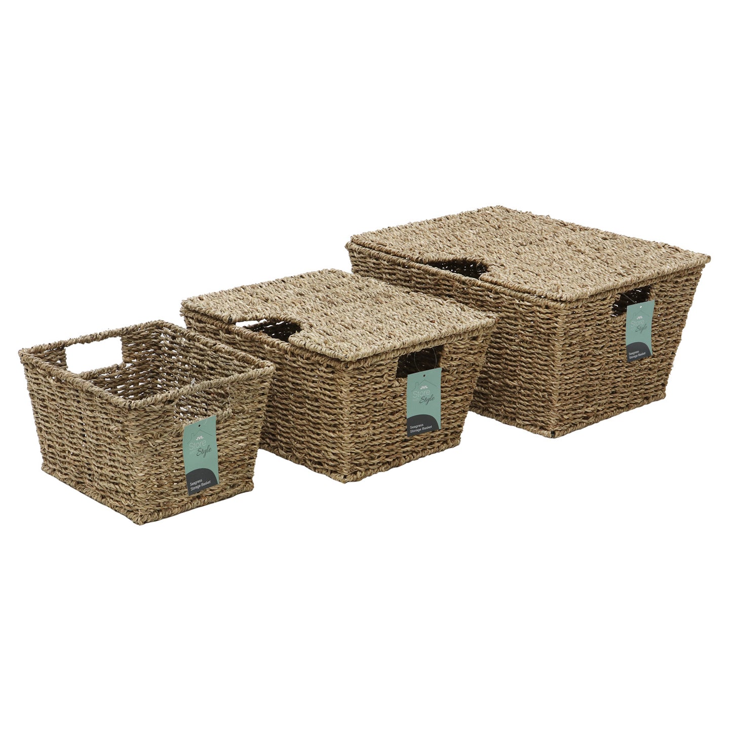 Seagrass Set Of 3 Rectangular Storage Baskets (2 With Lids)