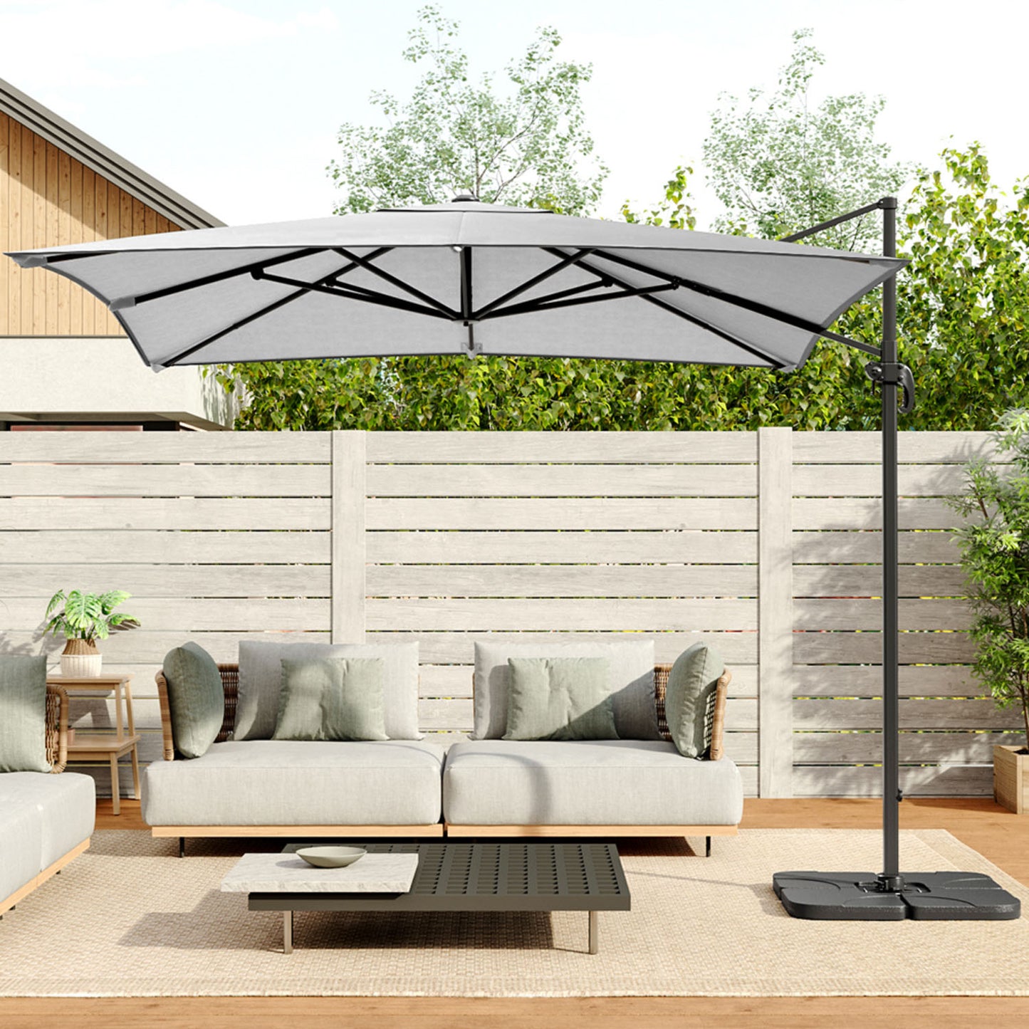 Square Cantilever 3m Crank Lift Garden Parasol light Grey with Square Base