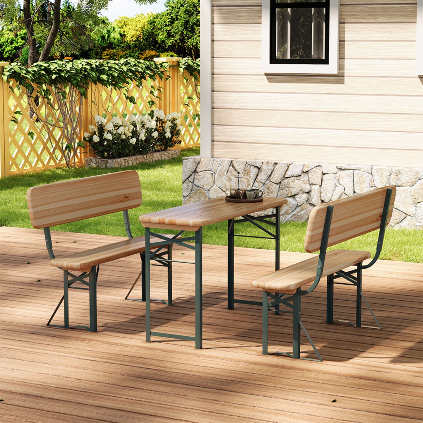 4 Seater Rustic Wooden Outdoor Table and Bench Set