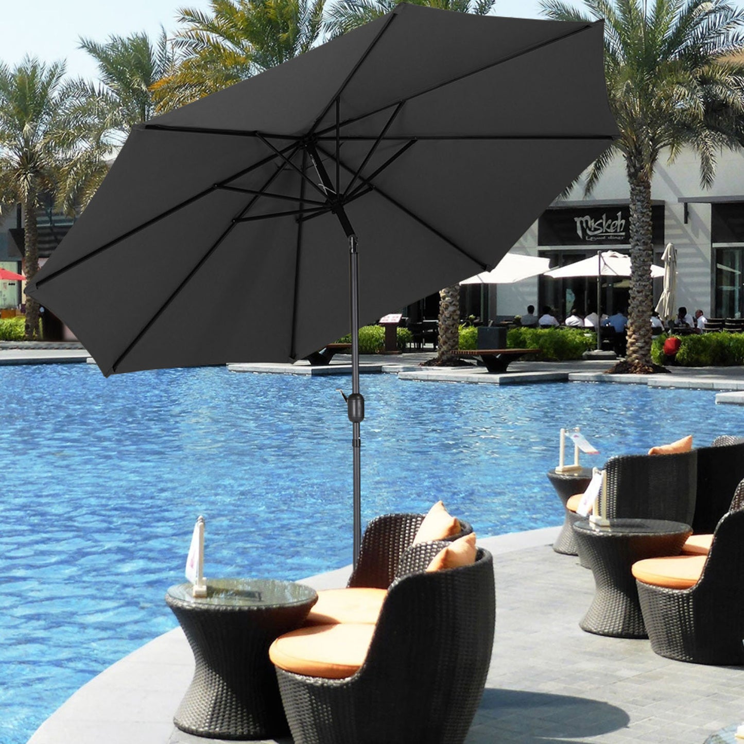 Outdoor Crank Tilt Parasol Black with Round Base 3m