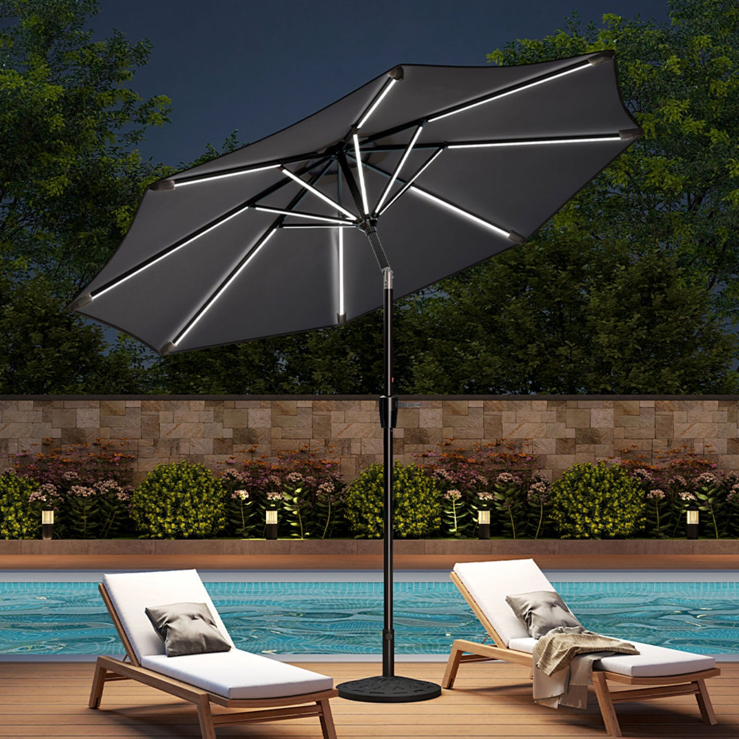 Solar LED Crank & Tilt Dark Grey Parasol With Resin Floral Base 3M