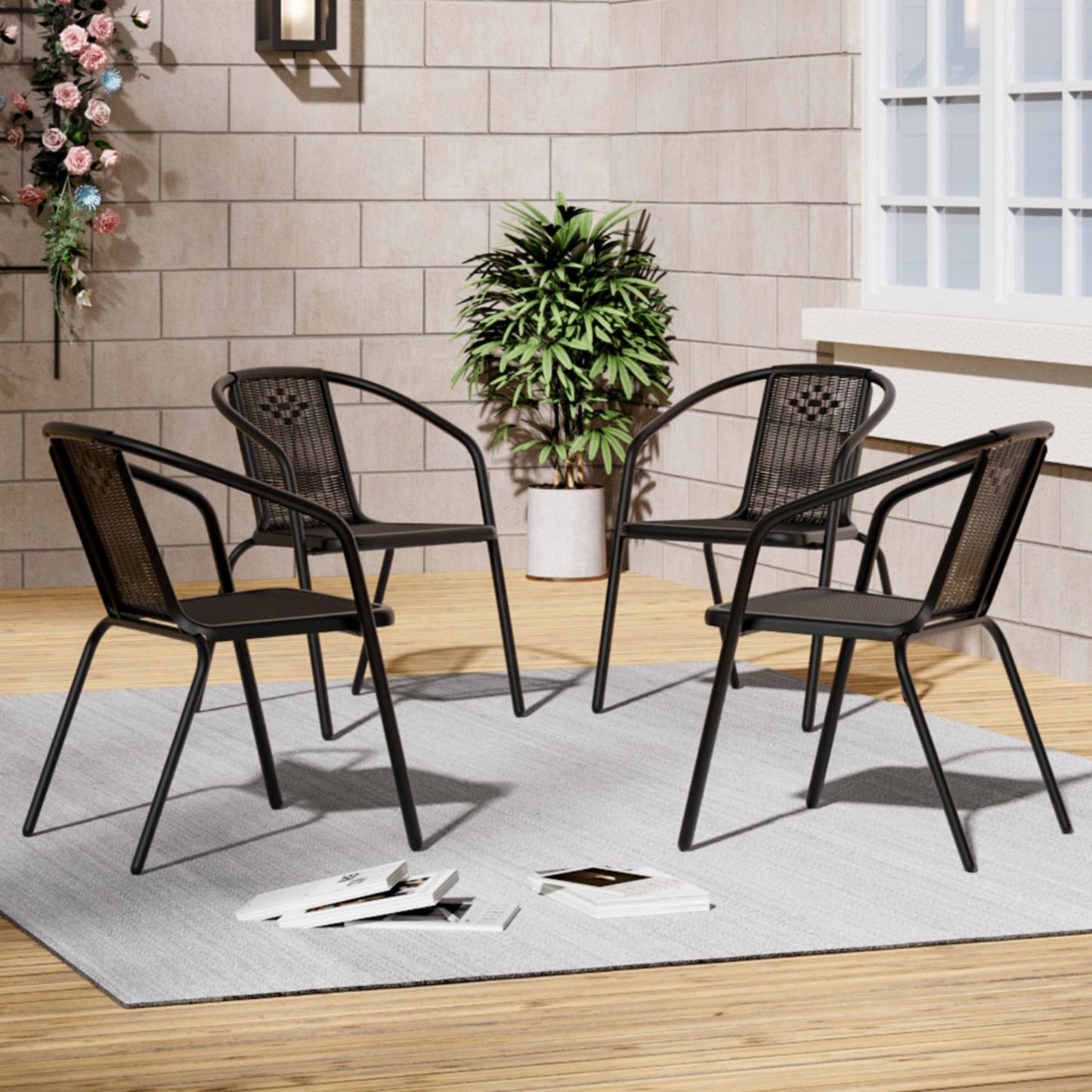 Set of 4 Black PE Rattan Stacking Garden Chairs